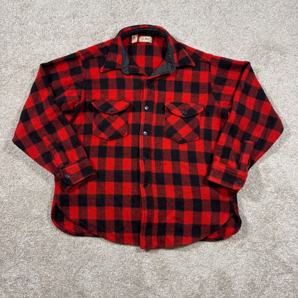 Vintage LL Bean Mens XL Wool Buffalo Plaid Flannel Shirt Red Black Made in USA